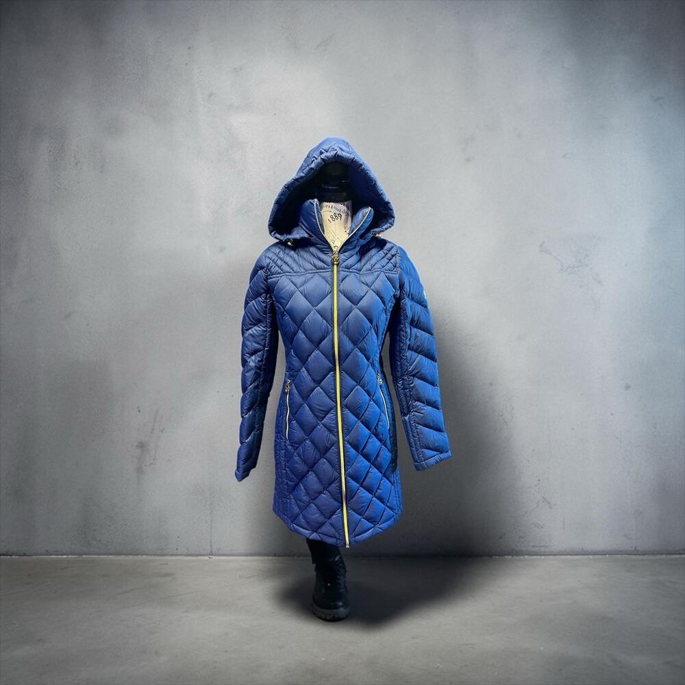 Michael Kors XS Blue Diamond-Quilted Packable Down Filled Nylon Puffer Coat